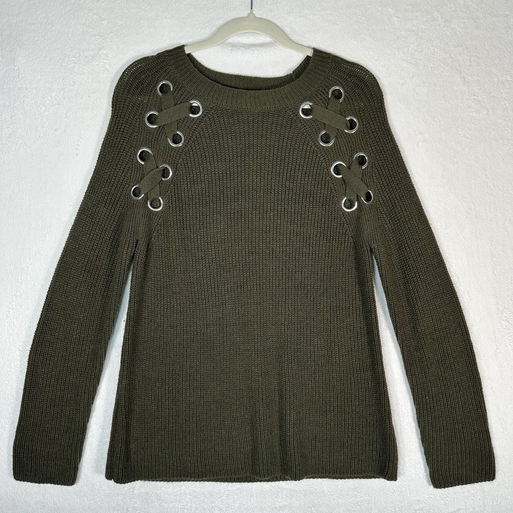 Freshman 1996 Knit Sweater L Olive Green Grommet Shoulder Lace Up Boho‎ Grunge